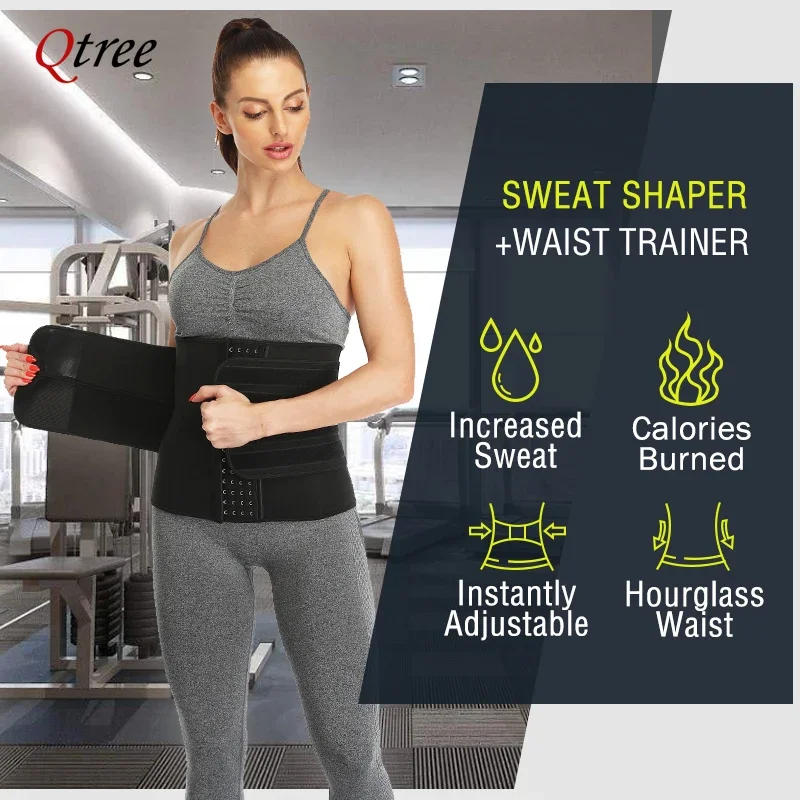 Qtree mulheres cintura trainer sauna suor cincher treino trimmer cinto perda de peso corpo shaper compressão emagrecimento espartilho