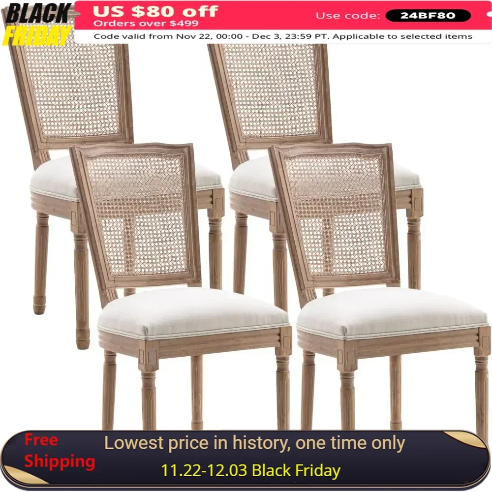 Dining Chairs Set of 4 with Square Backrest and Exquisitely Carved Solid Wood Frame, French Dining Chair