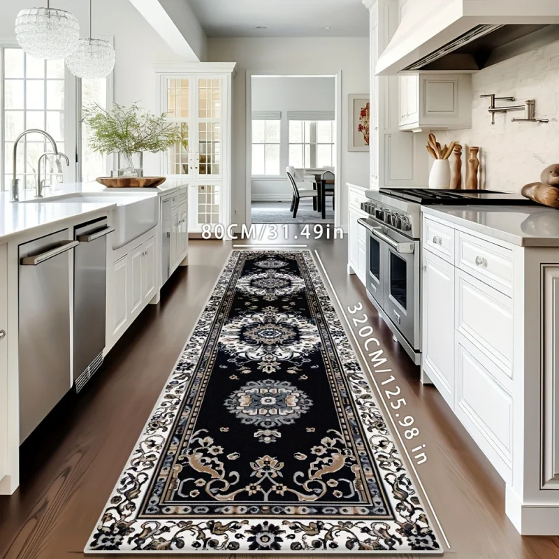 VIKAMA Vintage Persian Floral Long Runner Rug Black Traditional Non Slip Hallway Entrance Corridor Floor Mat Home Decor