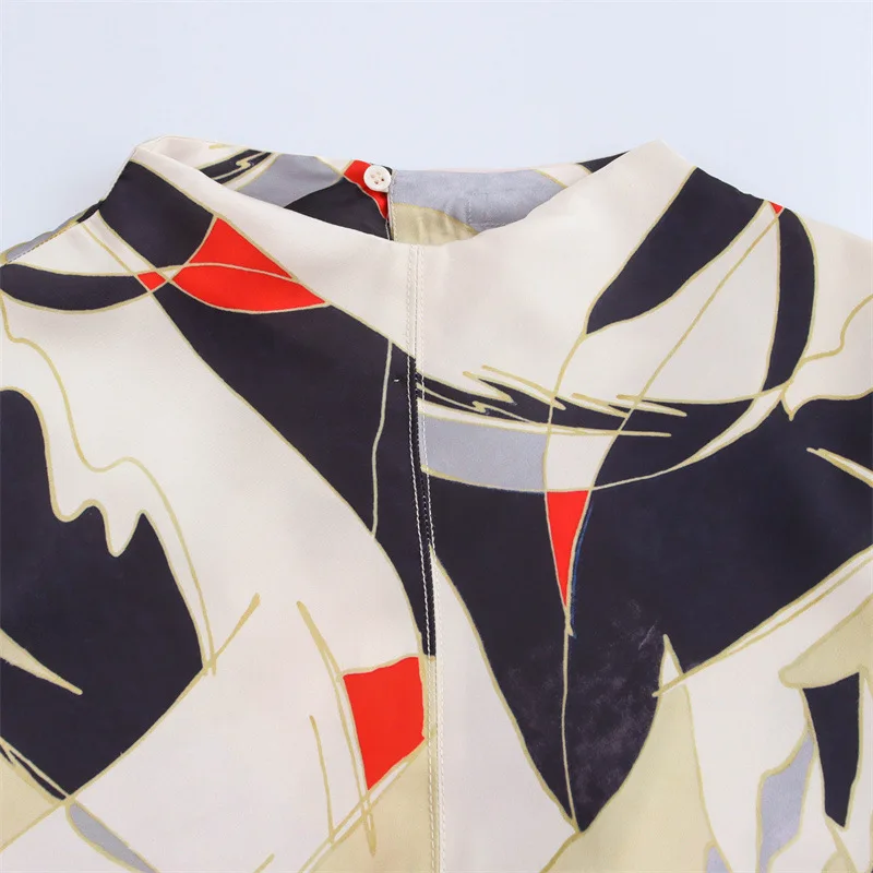 Nuevo vestido Midi estampado de manga larga con textura satinada de seda europea y americana