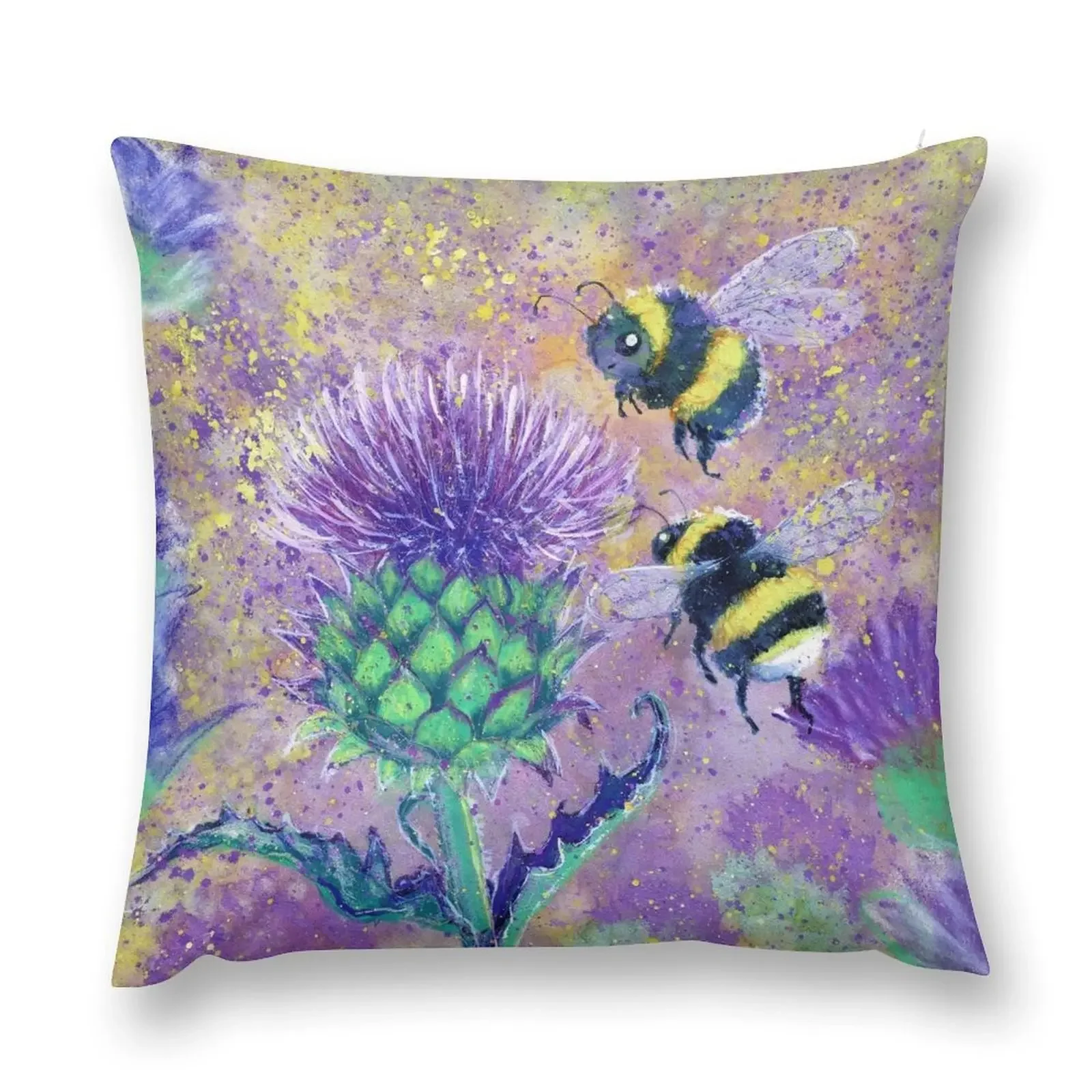 Happy Bees and Thistles painting by Laura Rispoli Throw Pillow Cushions Cover bed pillows pillow