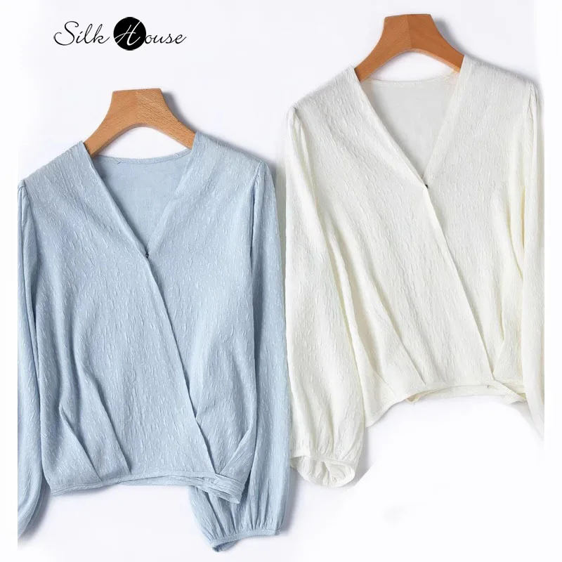 2025 Women's Spring New Breathable 93% Natural Mulberry Silk GuanLe Crepe Lantern Sleeve V-neck Dark Buckle Strap Up Shirt