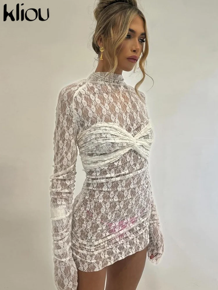 kliou Lace Sheer Women Dresses Fashion Sexy Embroidery Attractive Full Sleeve O-neck Body-shaping Vestidos Mujer Trend Clubwear