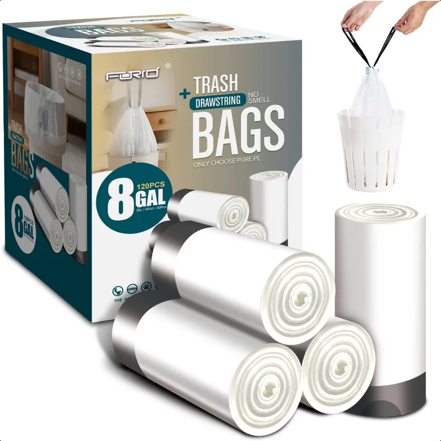 Bolsas de basura medianas con cordón, bolsas de basura de plástico de 8 galones y 30 litros, revestimientos de latas blancos para cocina, dormitorio, baño, hogar y oficina