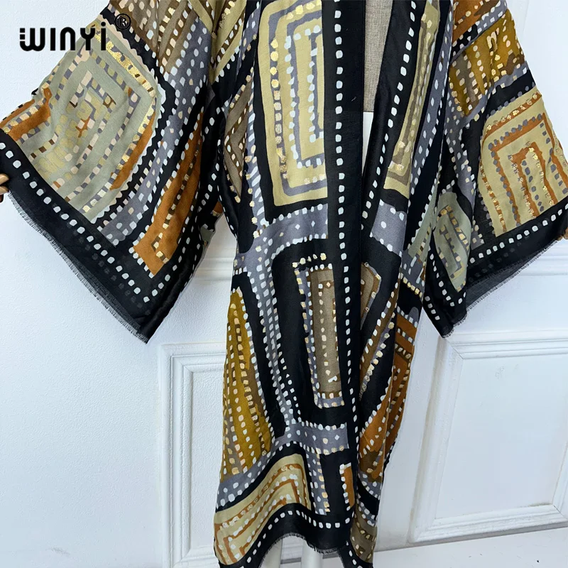 WINYI summer outfit kimono africa geometry print beach cover up maxi dress cardigans beach wear women 2025 abaya dubai luxury