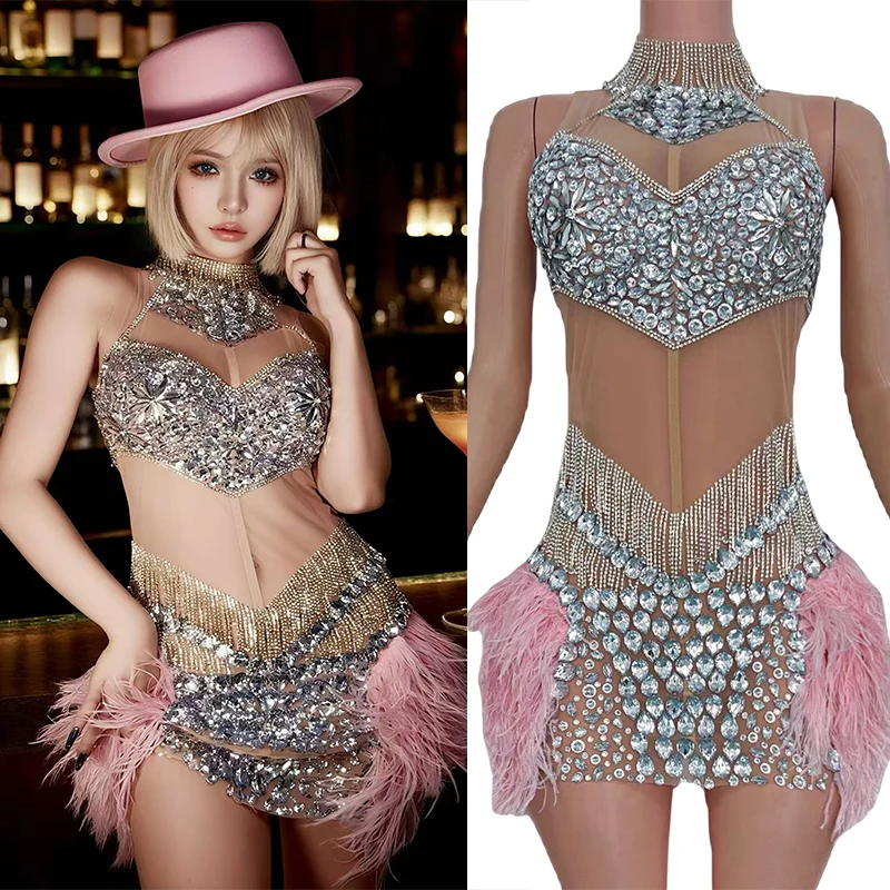 Strass malha sem mangas pena vestido de festa boate bar dj desempenho vestido trajes feminino gogo dançarino palco wear dn21992