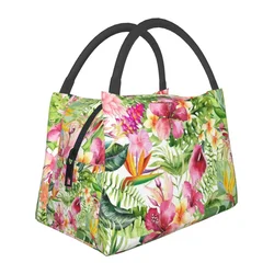 Bright Flowers Lunch Bag Tropical Hawaiian Floral Graphic Design Lunch Box Travel Cooler Bag Portable Waterproof Tote Food Bags