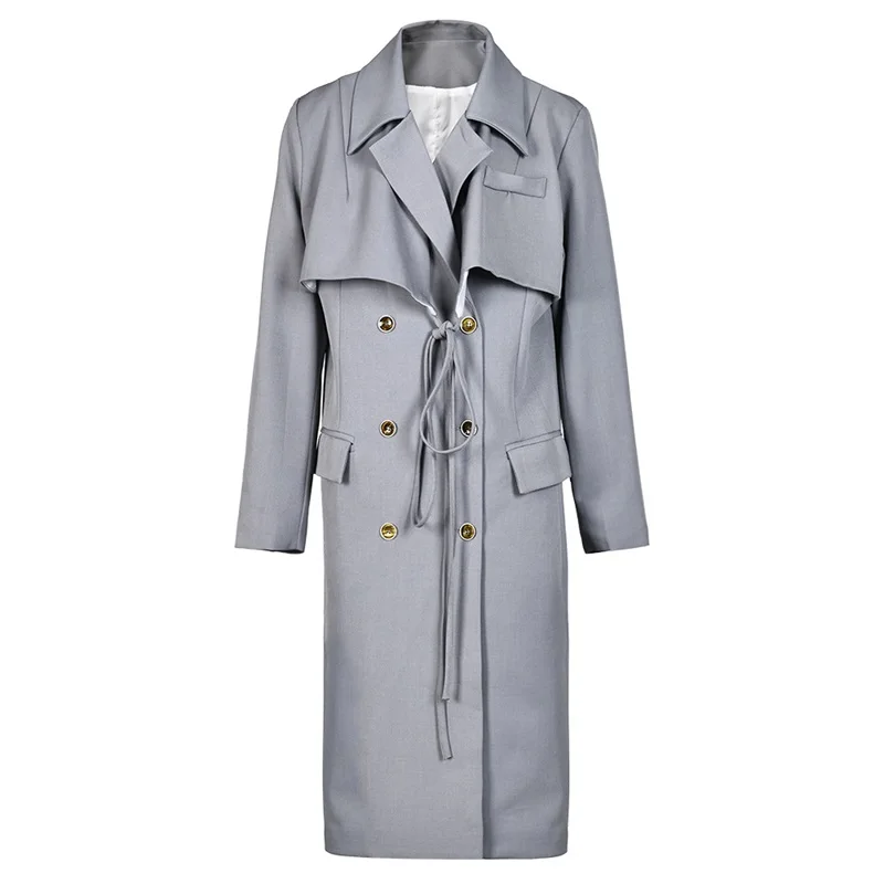 Lace up Women Long Trench Coat Double Breasted Lapel Tops Gorgeous Grey Long Sleeve Windbreak Autumn Winter New Arrival In Stock