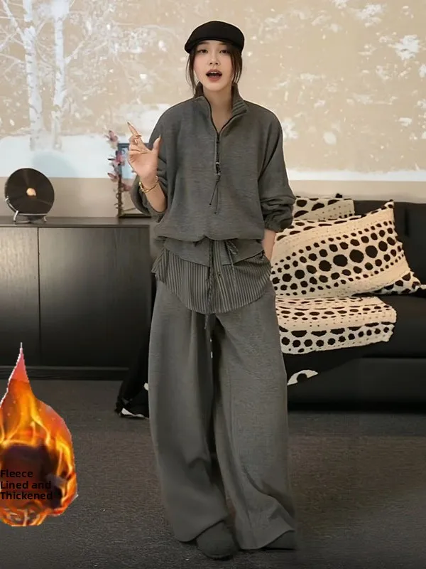 

Korean Style Fleece Lined Thick Casual Women's Two Piece Set Spring 2026 plus Size Loose Fit High Waist Pants Sweatshirt