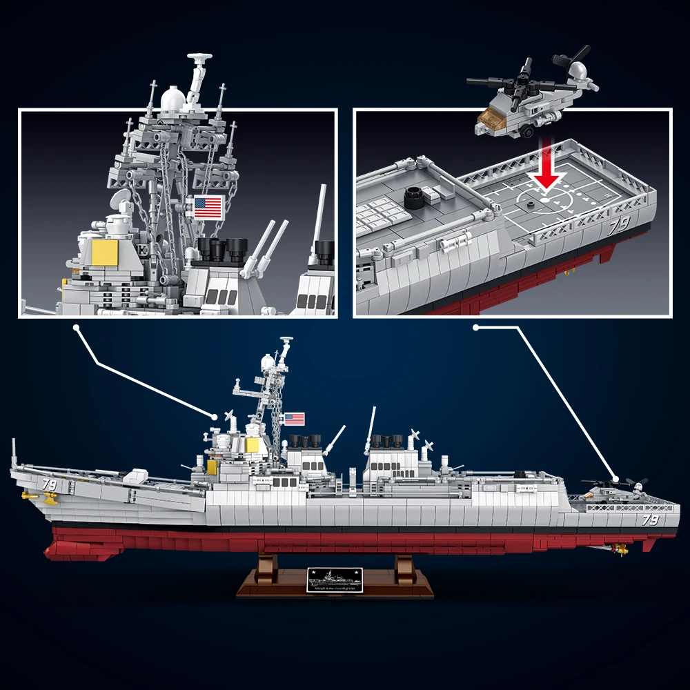 ミシニ M7021 アーリー・バーキー級駆逐艦 組み立てブロックセット、3601ピース MOC アメリカ海軍軍艦モデル、優れた戦艦組み立て