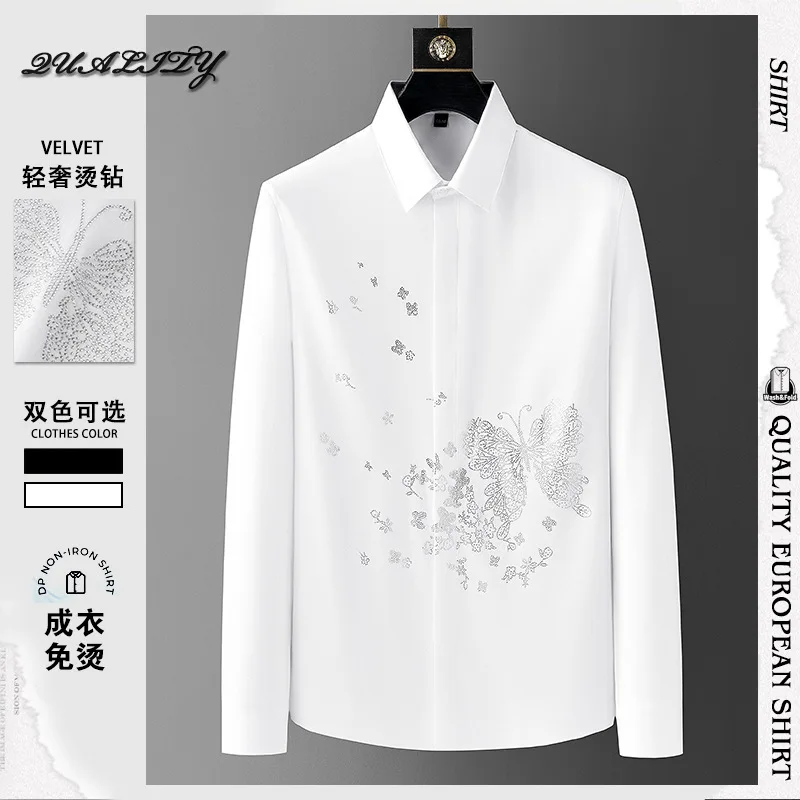 Hot Diamond Men's Shirt Autumn New Luxury Casual Shirt Slim Fit Non iron Anti wrinkle Long sleeved Shirt