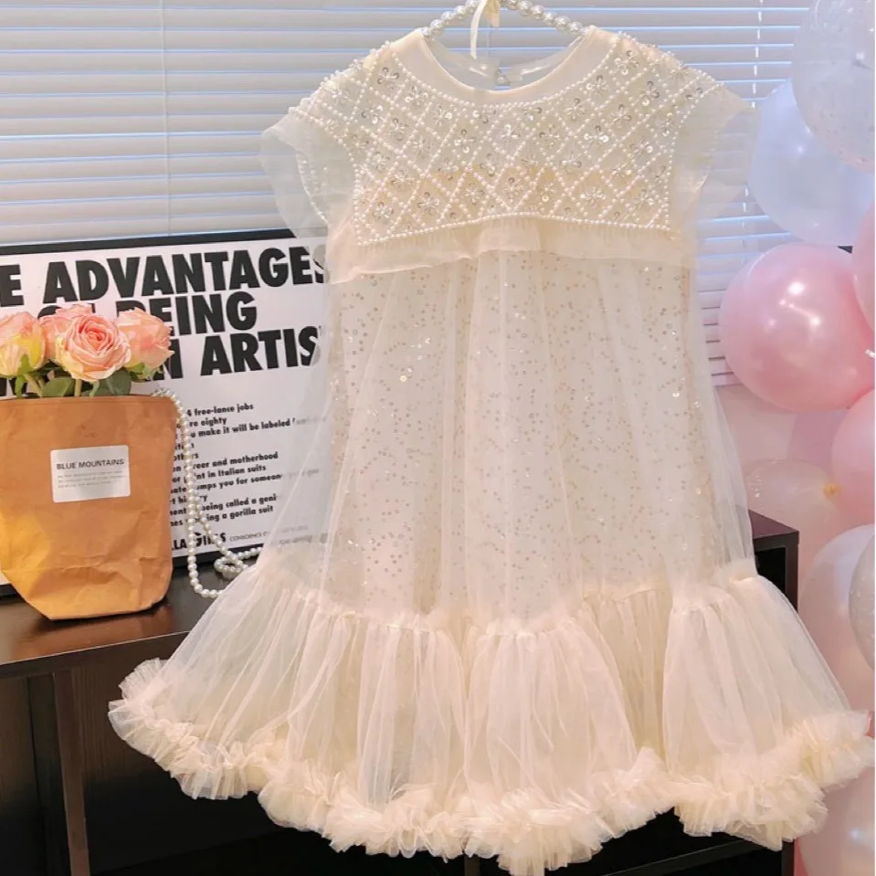 Vestito da principessa per ragazze con colletto di perle in rete per bambini estivi vestito di garza per temperamento vestito da festa di compleanno per prestazioni di nozze per bambini