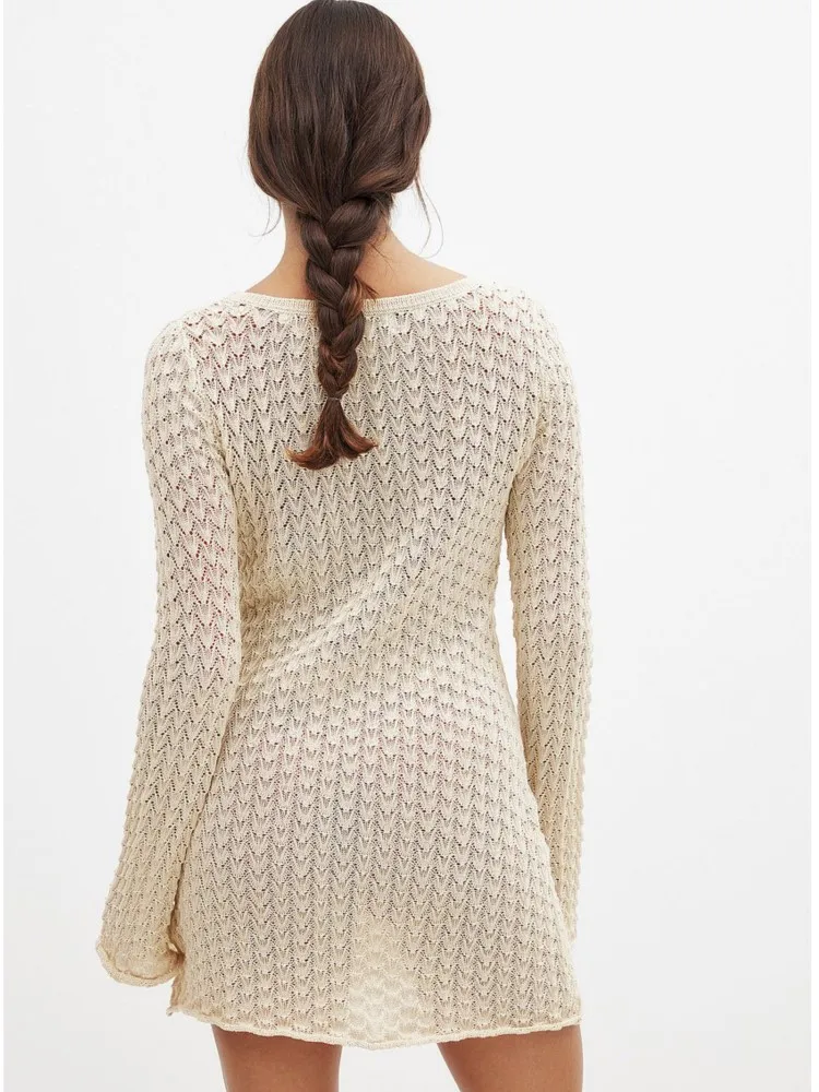 Сексуальное вязаное пляжное мини-платье в полоску в стиле бохо с круглым вырезом и длинными рукавами, 2026, летний женский приморский праздничный купальник, накидка