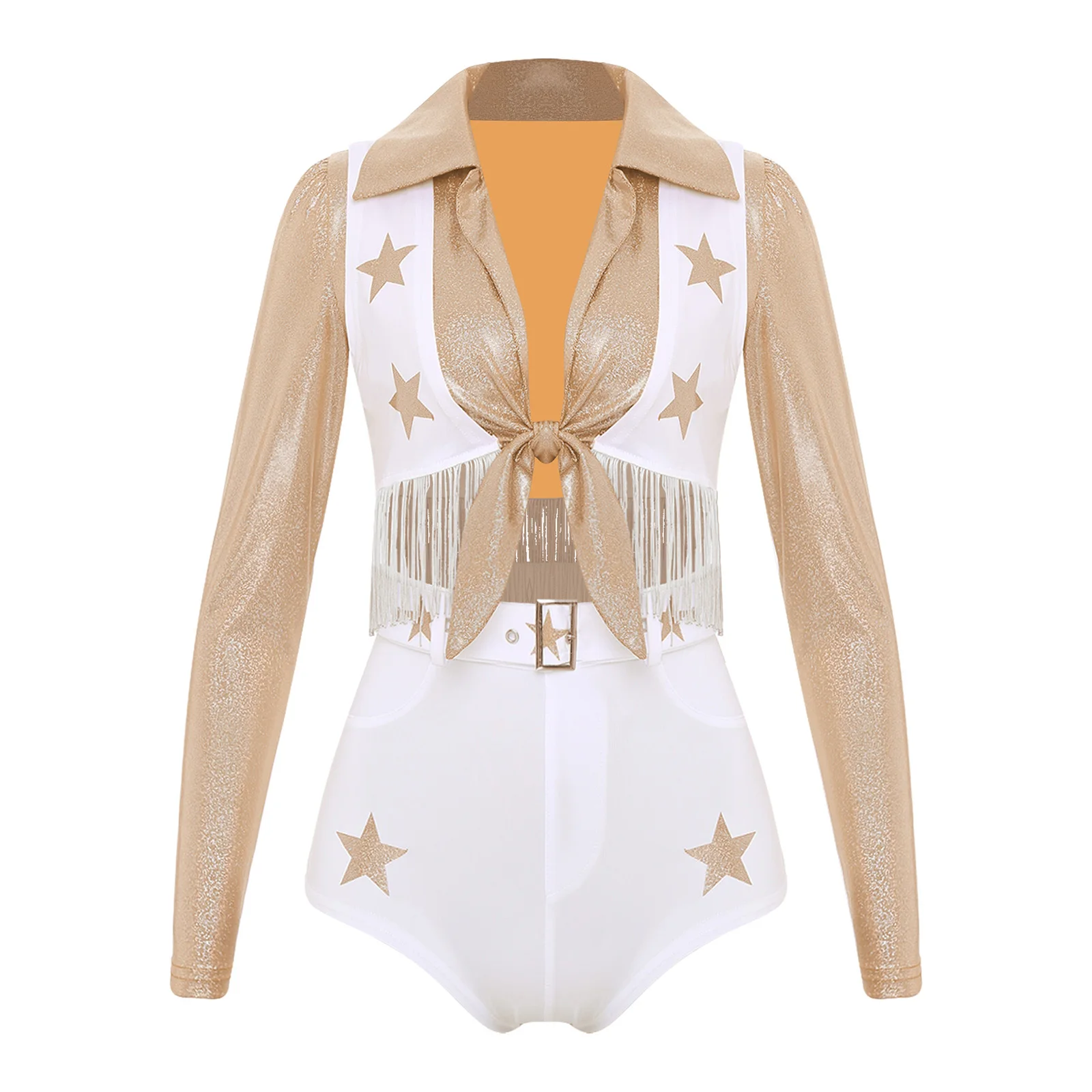 

Women Two Pieces Cheer Leading Schoolgirl Dance Outfits Star Patterns Crop Tops And Hot Short with Belt for Cheering Dance Wear