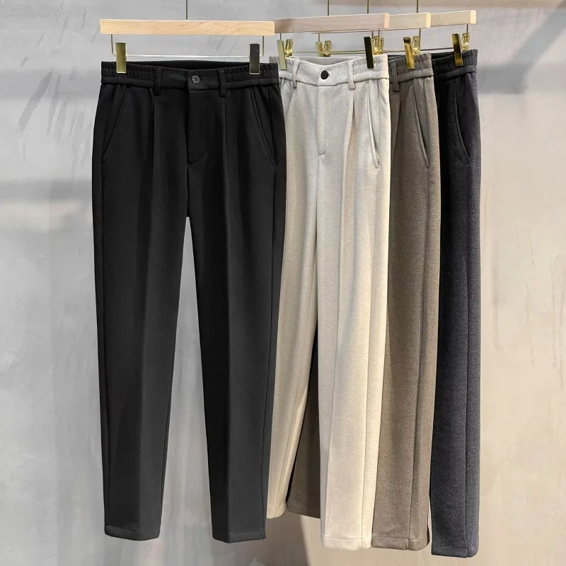 Mens Pants Woolen Straight Loose Brushed Long Trousers Business Casual Nine Point Dress Pants Style Streetwear Harajuku Fashion