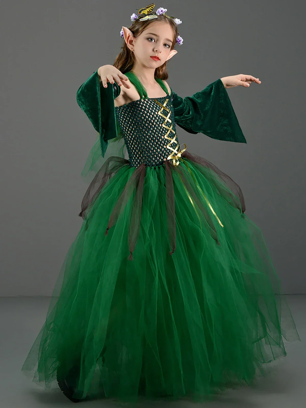 Kids Girls Cosplay Mesh Tutu Dancewear Forest Dark Green Performance Costume Halloween Carnival Party Dancewear Princess Dress