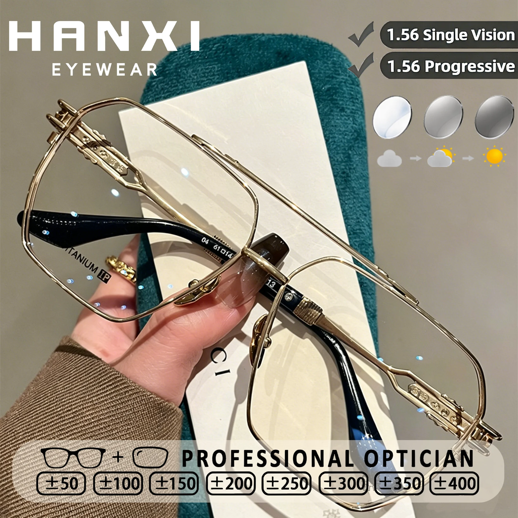 HANXI Metal Pilot Glasses Man Progressive Multifocus Glasses Photochromic Custom Prescription Practical Myopia Reading Eyeglasse