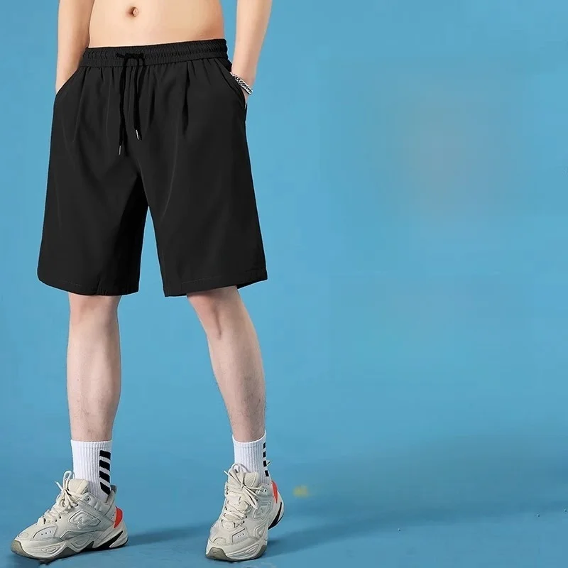 Casual gelo seda masculino orts qui seco cinco quartos correndo esportes solto ajuste jovem verão ativo perna reta cintura elástica