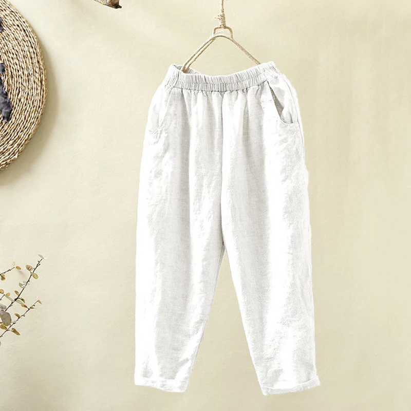 Rimocy Japanese Solid Color Loose Harem Pants Women Spring Summer Elastic Waist Casual Pants Woman Wide Leg Calf-Length Trousers
