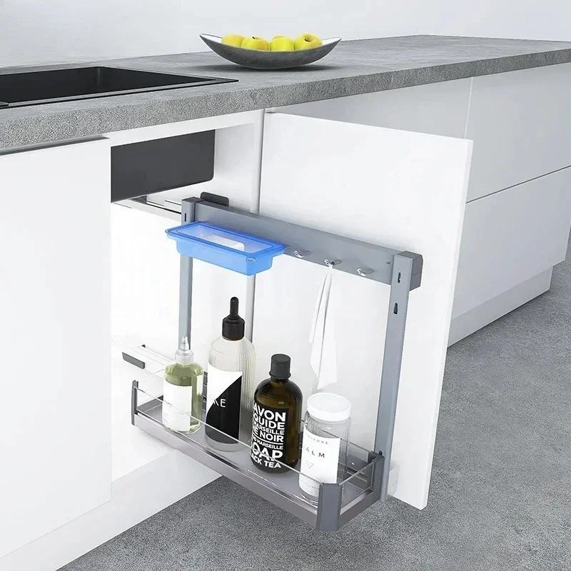 Kitchen cabinet pull-out cabinet organizer slide out detergent bottle storage basket Sink side pull basket