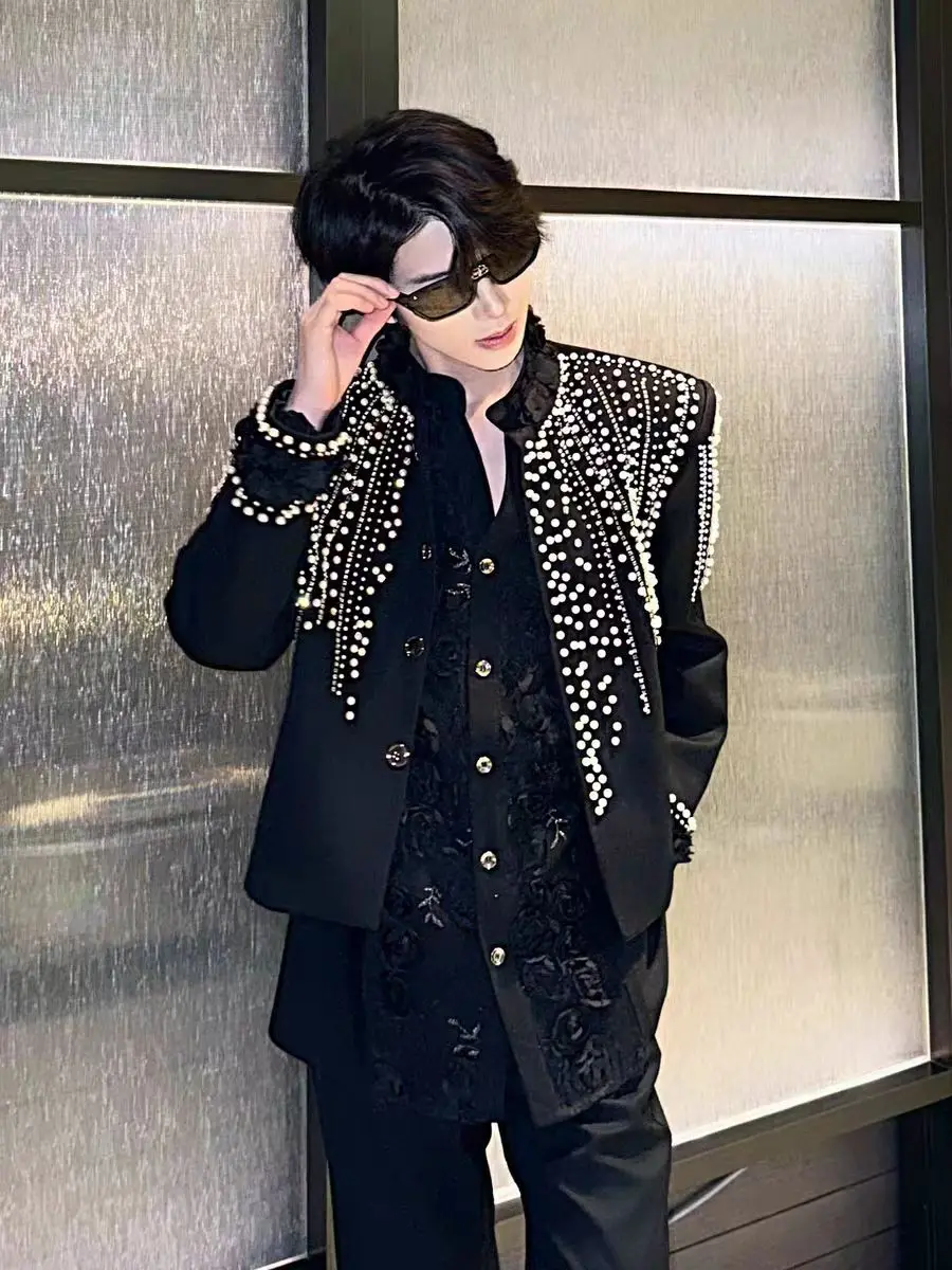 Personality Black White Pearls Short Jacket Party Singer Dancer Formal Dress Stage Show Performance Coat