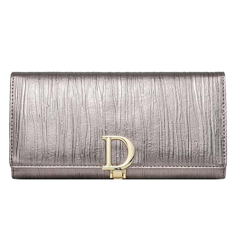 Women Long Wallet 2025 New Genuine Shiny Leather Striped Bifold Cowhide Money Clutch Long Female Mobile Phone Holder Zipper