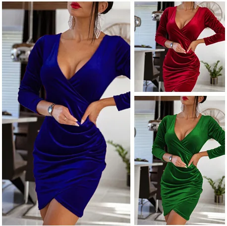 

New Autumn/Winter 2023 Long Sleeve Short Women's Dress Solid Color V-neck Slim Sexy Dress Women Clothing Dress for Women