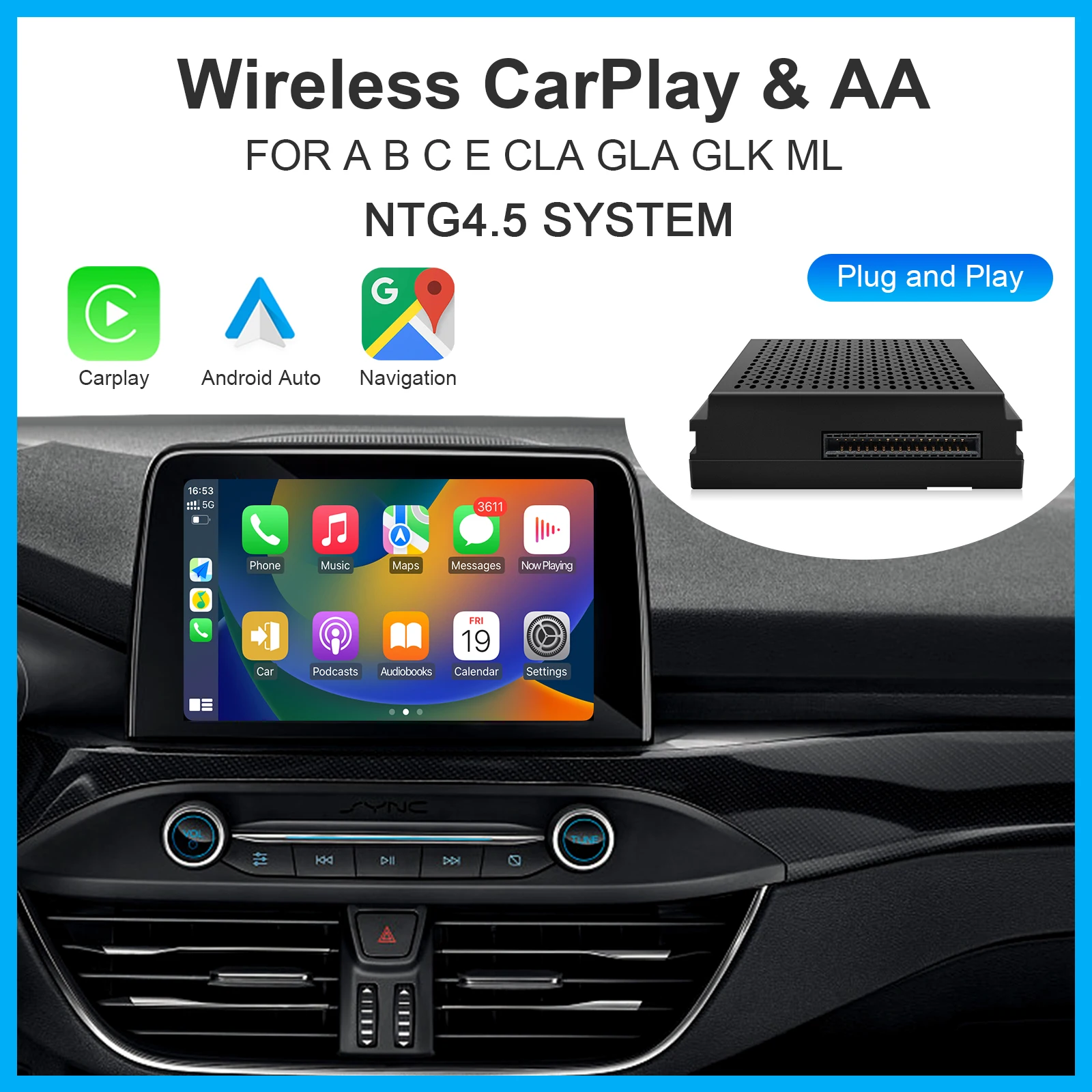 BYLITU inalámbrico Android Auto NTG 4,5 módulo Becker para Mercedes Benz A B C E CLA GLA GLK ML Sprinter Apple Carplay navegación