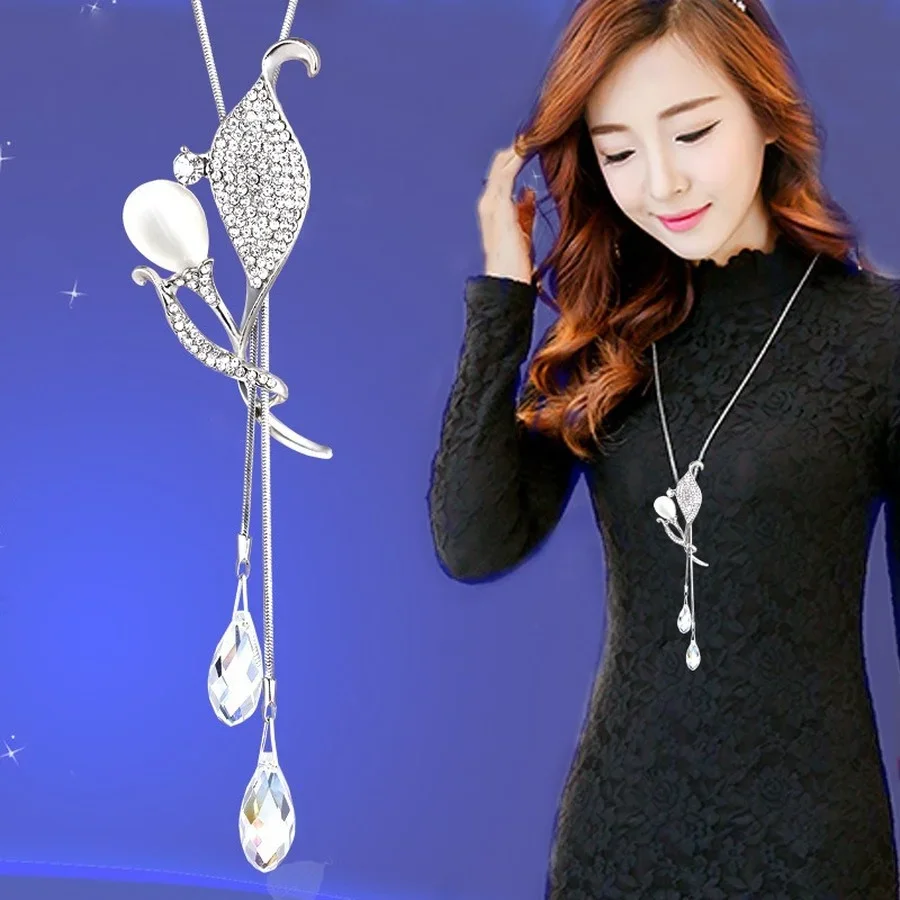 Crystal Wreath Tassel Sweater Chain Long Necklace Korean Flower Zircon Ballerina Girl Charm Pendant Necklace Jewelry for Women