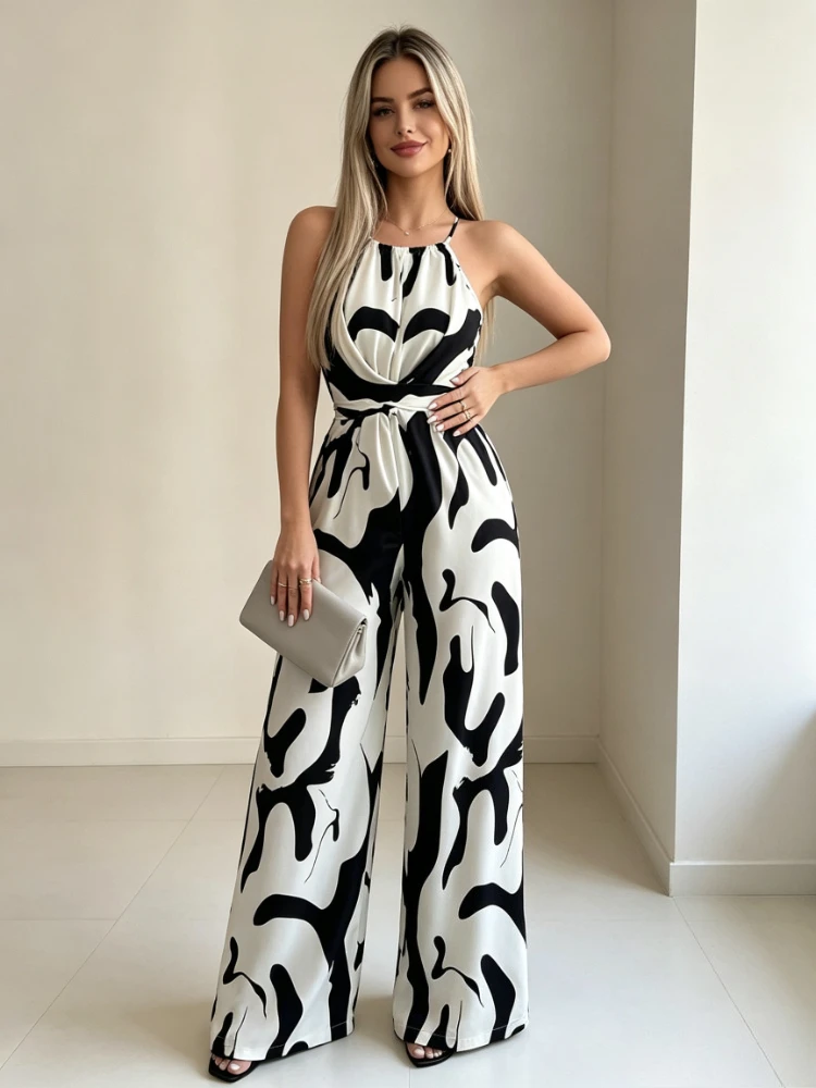2026 Summer Sexy Suspender Jumpsuit Milk Stripe Lake-Up Neck Elegant Fashion Women's Jumpsuit Casual Dating Loose Wear