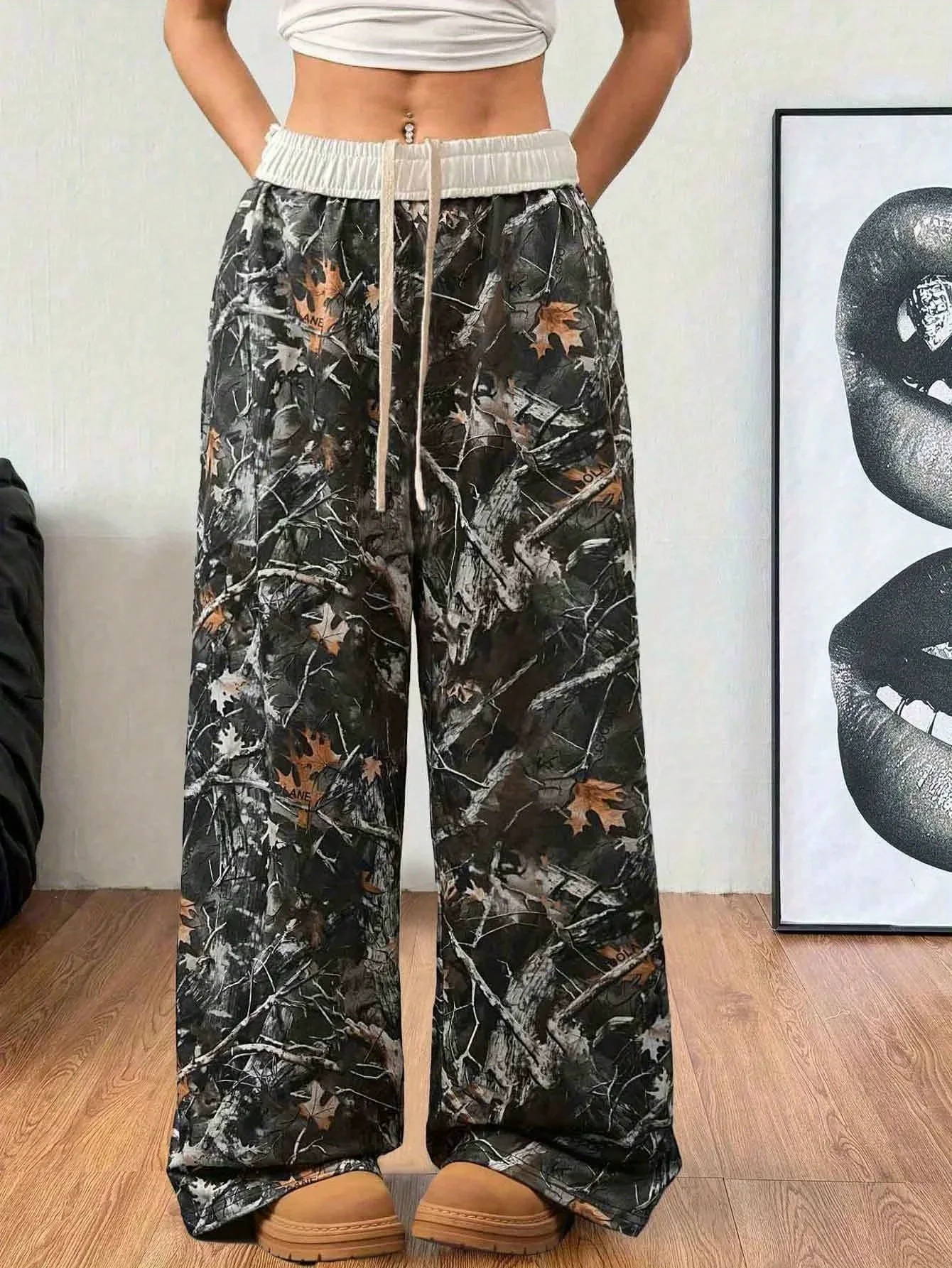 Plus Size Tree Camo Print Wide Leg Pants for Women Elastic Waist Drawstring Casual Long Trousers