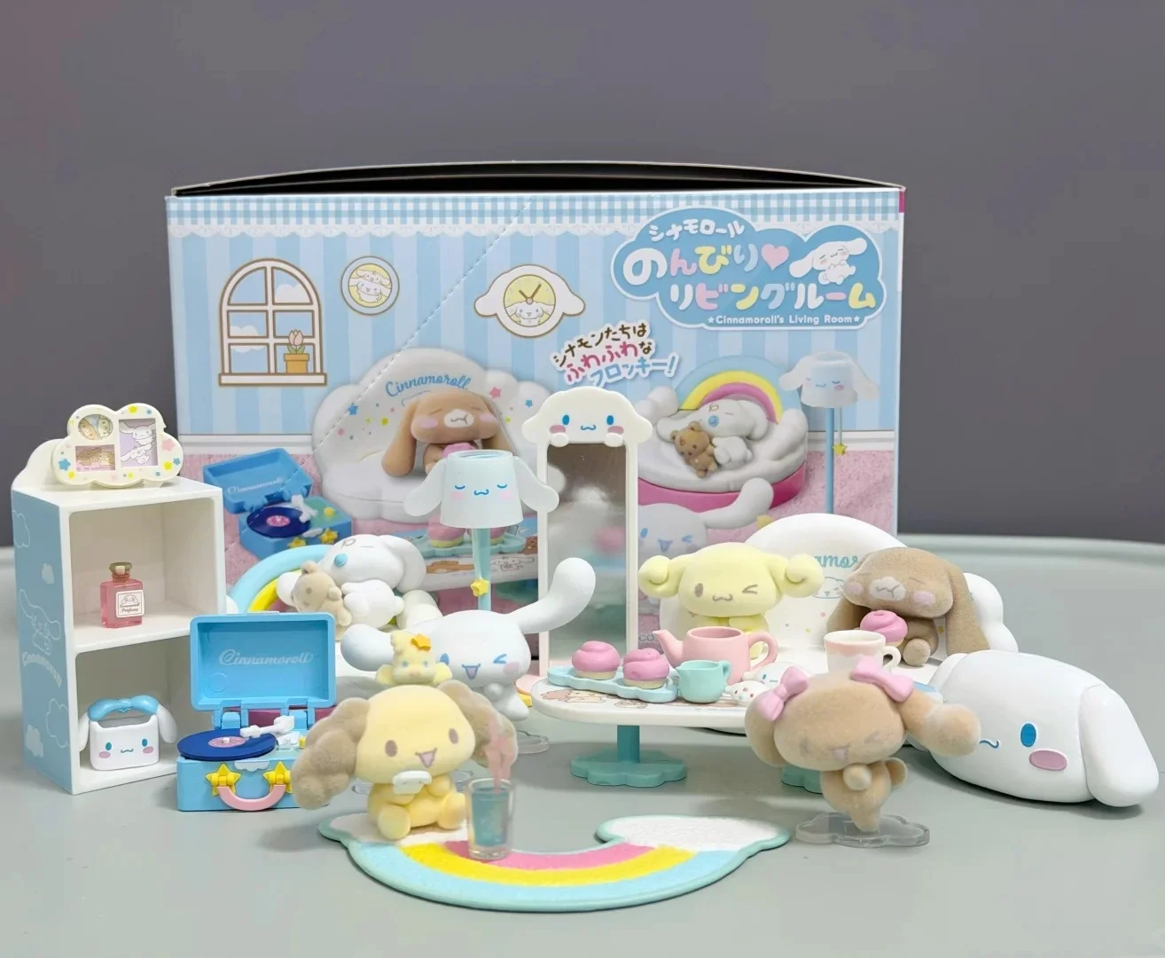 

Sanrio Cinnamoroll Flocked Blind Box Miniature Relax Living Room Scene Cute Dog Micro Dollhouse Food Toy Playset