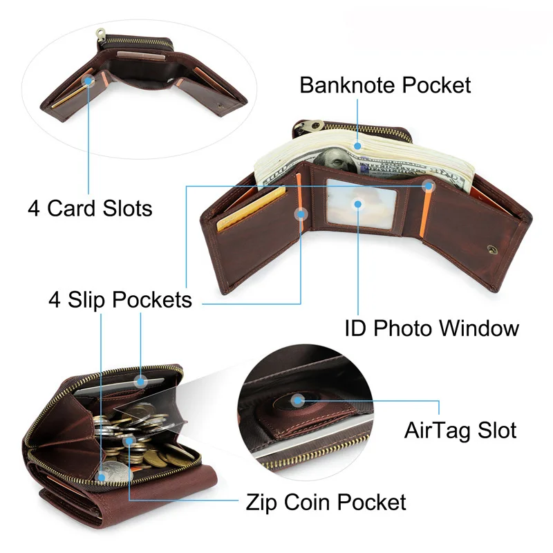 YKOSM 빈티지 럭셔리 정품 가죽 Airtags 지갑 남성 여성 지갑 RFID 차단 상자 Anti-lost ID 신용 카드 가방
