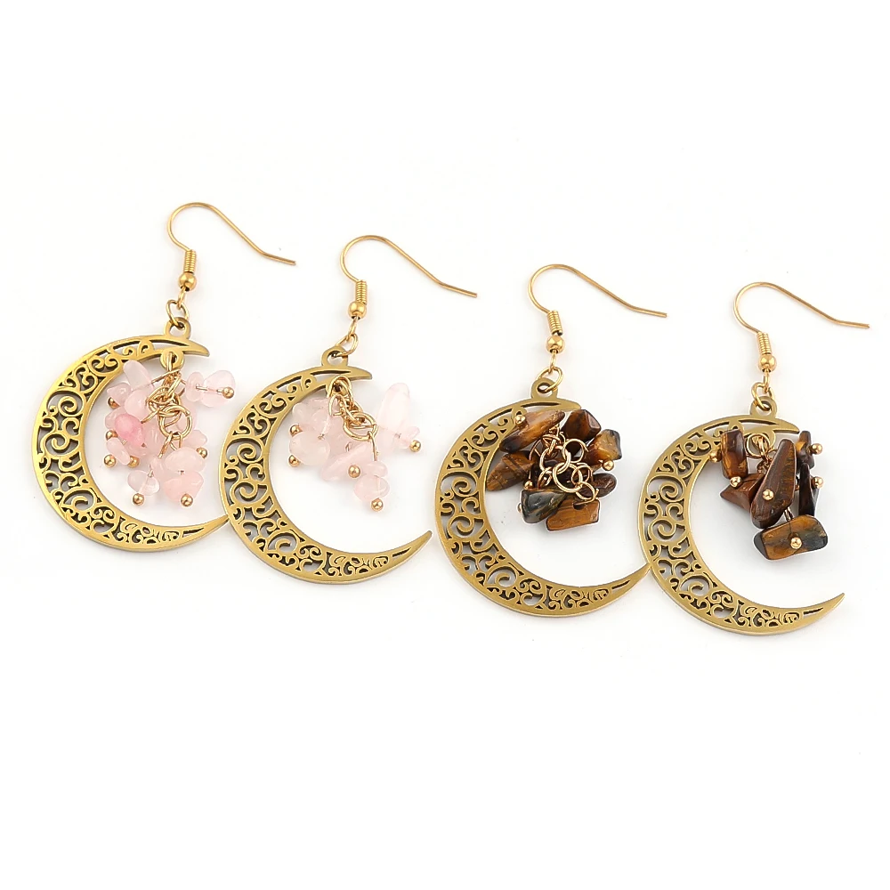 Crescent Moon Natural Tiger Eye Stone Drop Earrings for Women Stainless Steel Witchcraft Witch Crystals Dangle Earrings Jewelry