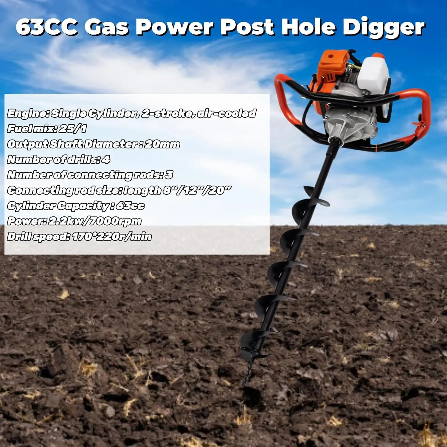 63Cc Auger Post Hole Digger With 4 Earth Auger Drill Bits 4