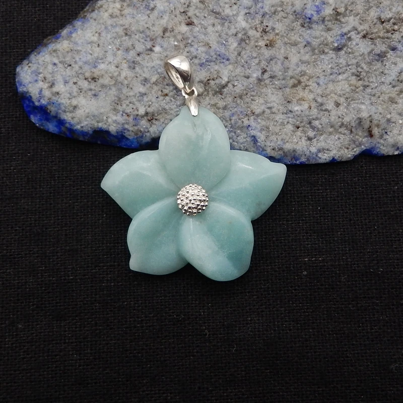 925 Sterling Silver Pendant,Natural Stone Amazonite Handcarved Flower Pendant Women Gift 32x35x6mm 9g