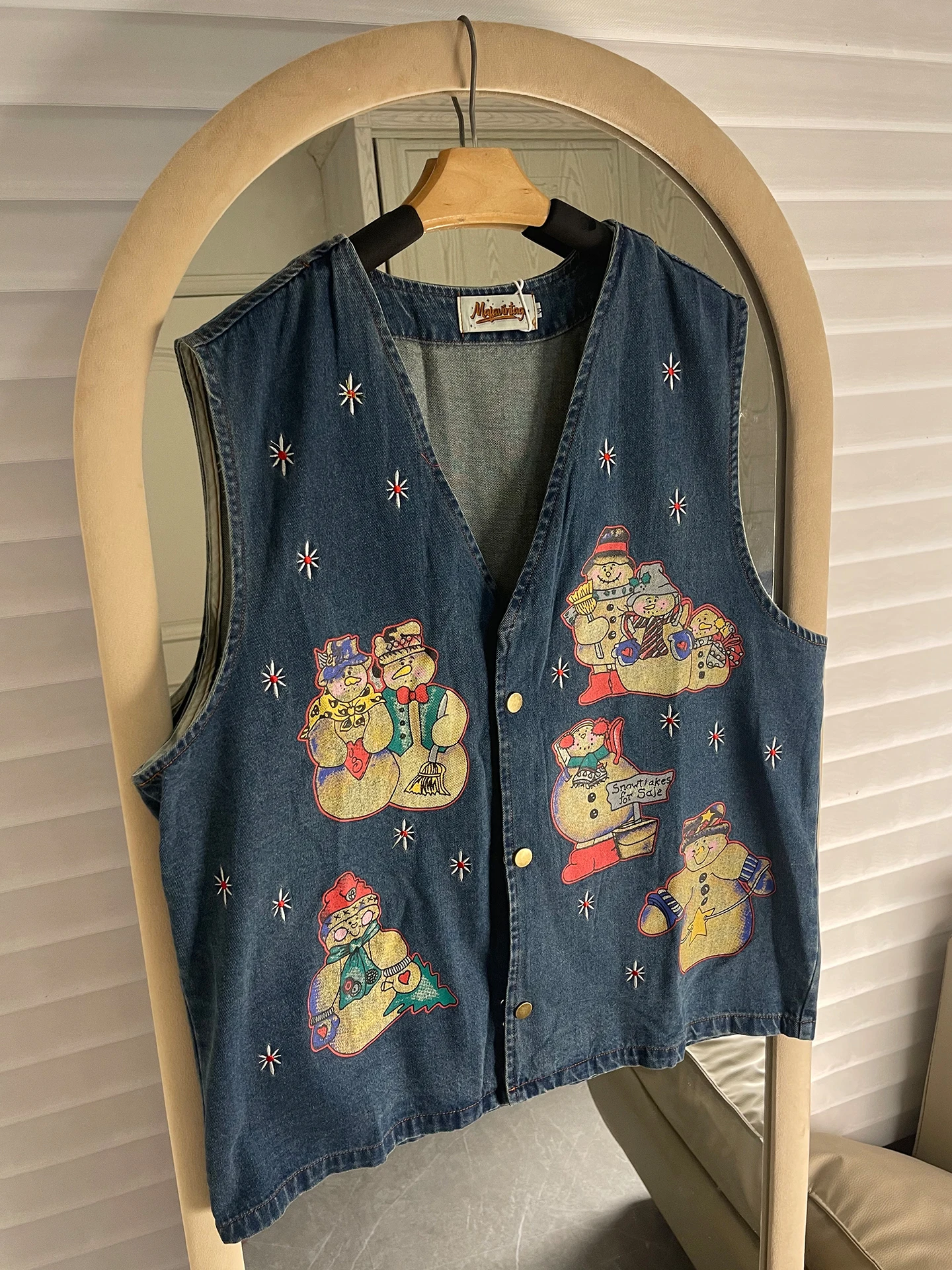 

Retro American Cartoon Embroidery Denim Vest ex Loose Casual oulder Pad Jaet Trendy Cotton Elastic Outerwear