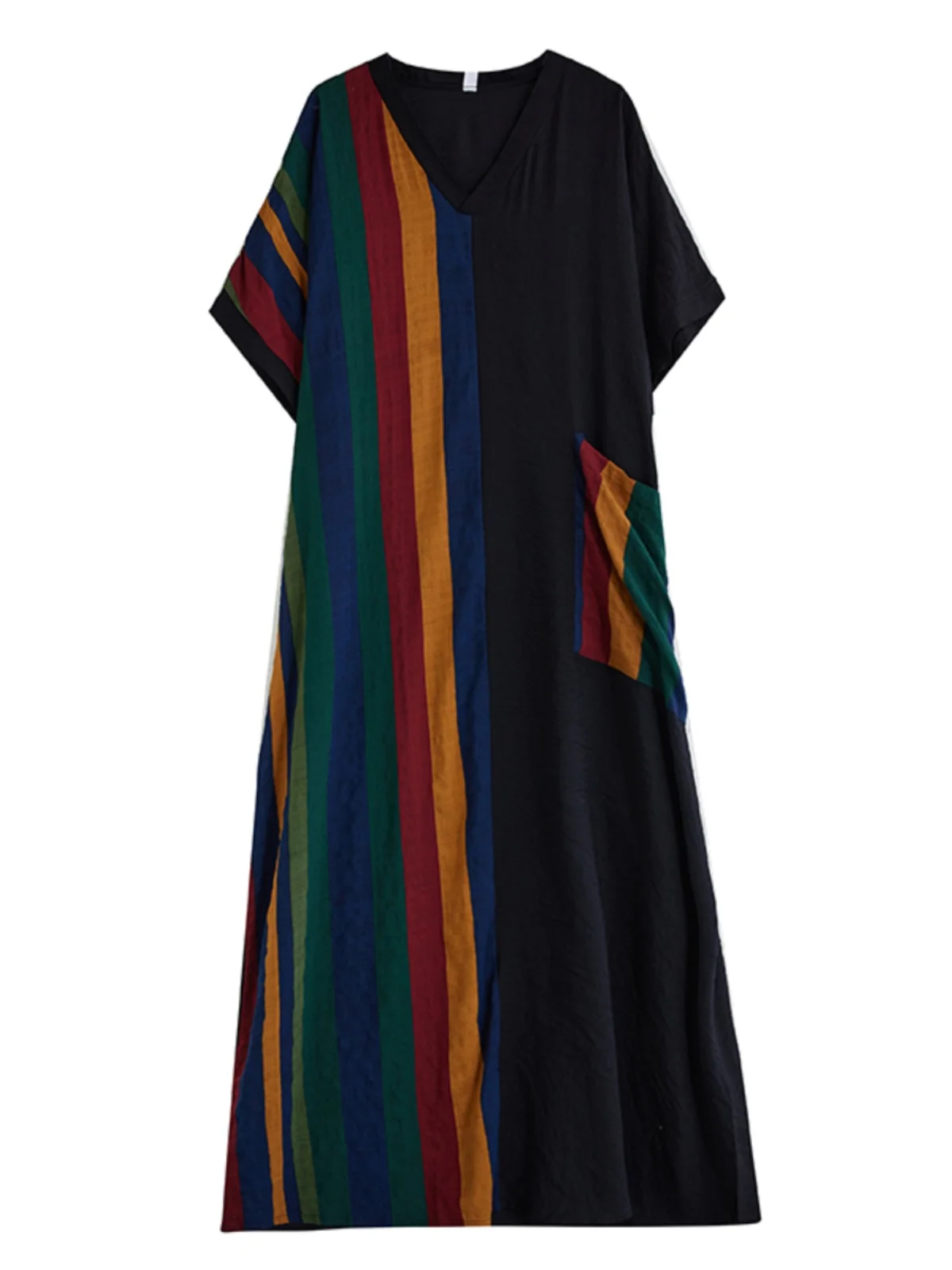 Slimming Long Cotton Linen Print V-Ne ort Sve Color Blo Bla Maxi Dr Summer Loose Fit Batwing Sve Irregular Hem