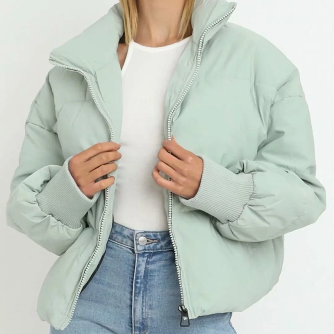 

Autumn Winter Thiened Casual Stand Collar Bread Cotton Jaet Women's Street Sle Slim Fit Long Sve Pure Color Coat
