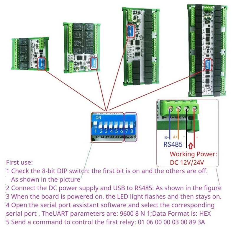 20A Easy To Install DIN Rail Box DIP Switch Setup Parameters 32CH Modbus RTU RS485 Relay Module RYR432D