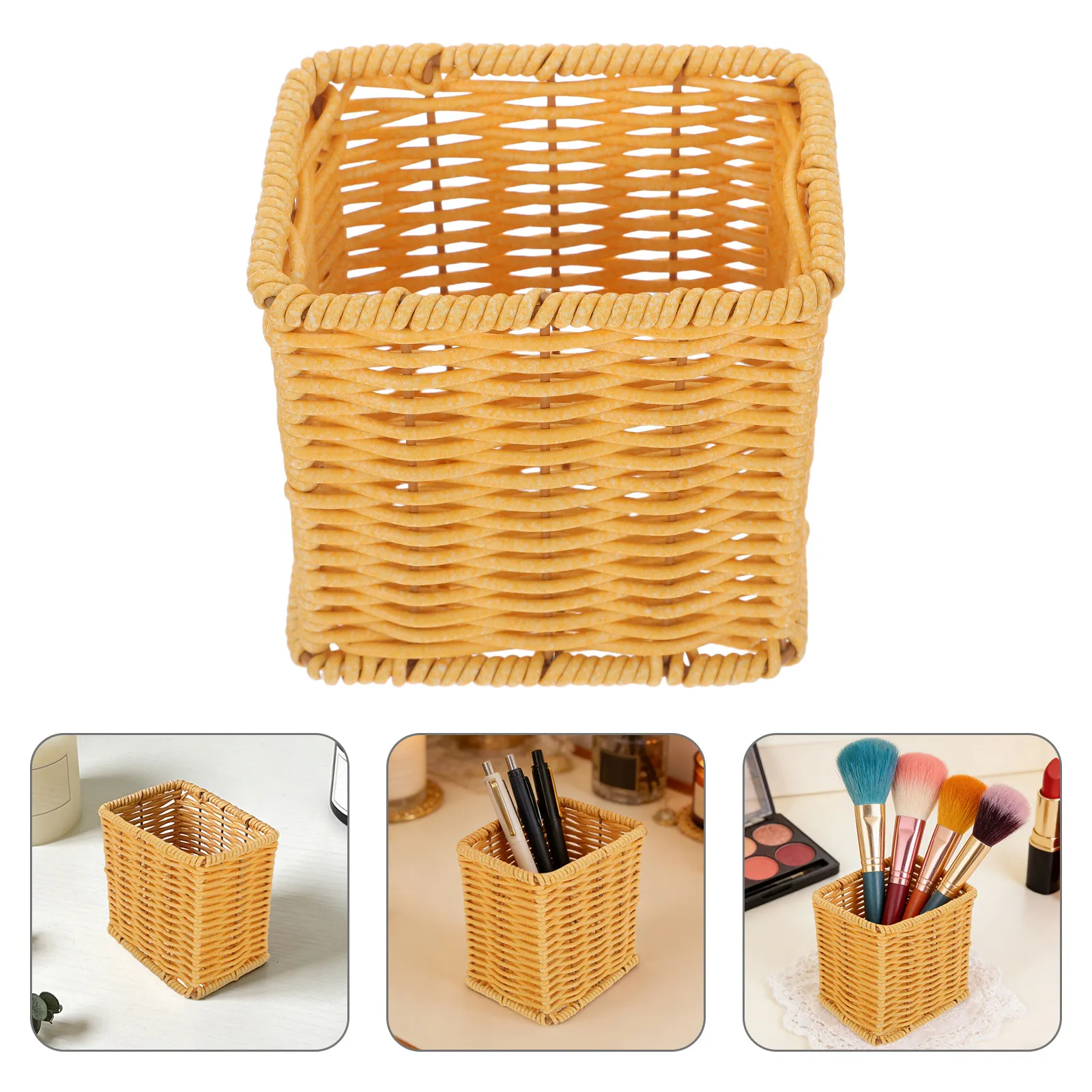 Imitation Rattan Pen Holder Square Desk Organizer Decorative Pencil Container Makeup Brush Storage Office Home Kitchen Utensil