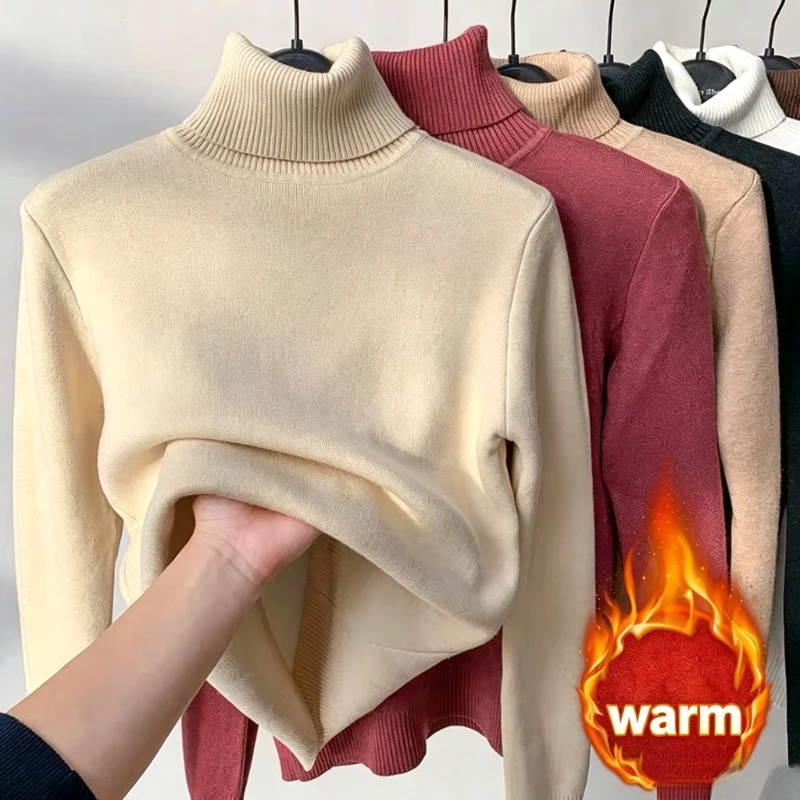 Winter 2026 Women Thick Fleece Lined Knit Sweater Fashion High Neck Warm Slim Pullover Basic Inner Base Layer Daily Top