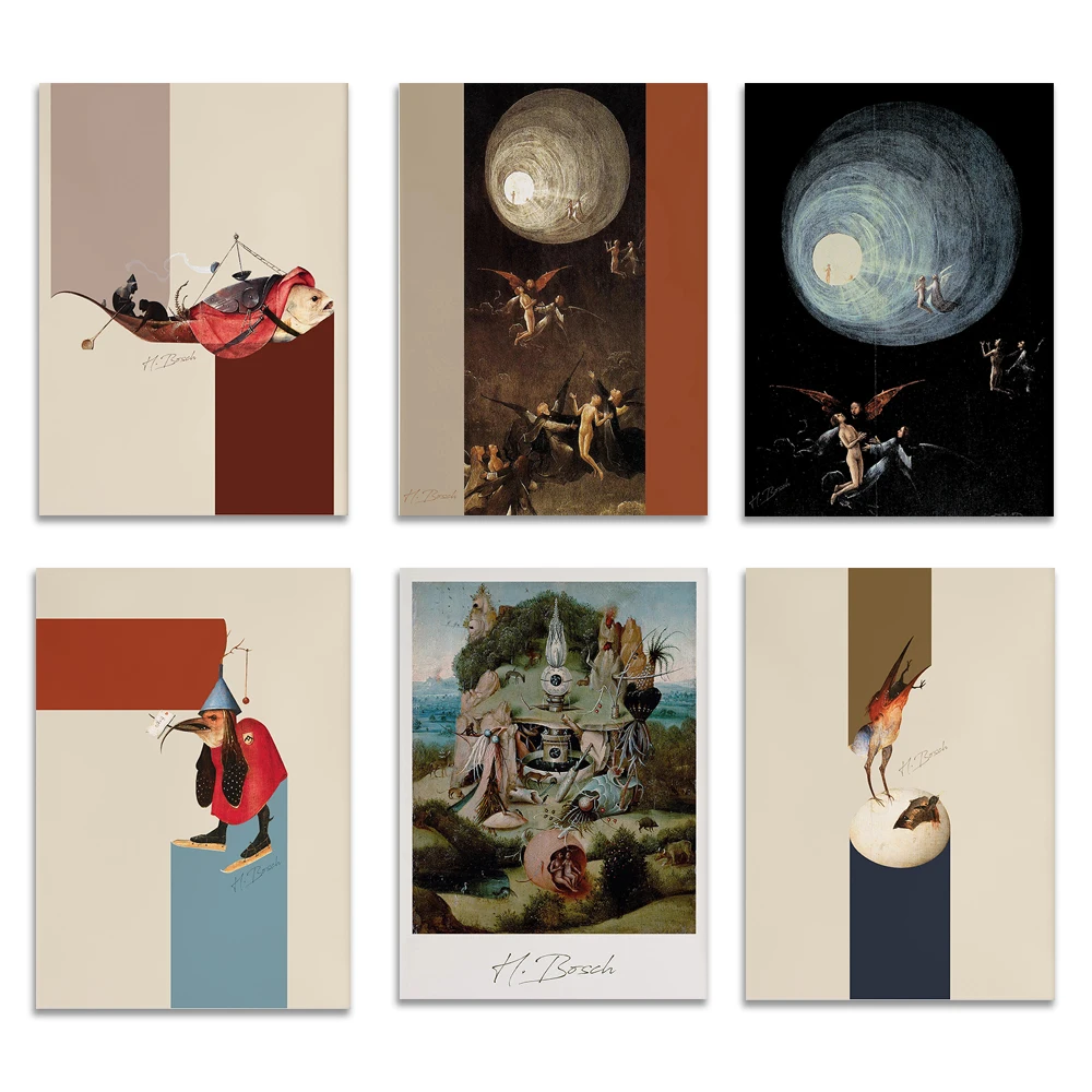 Hieronymus Bosch prints, giraffes, elephants, wall home decor art, exhibition posters