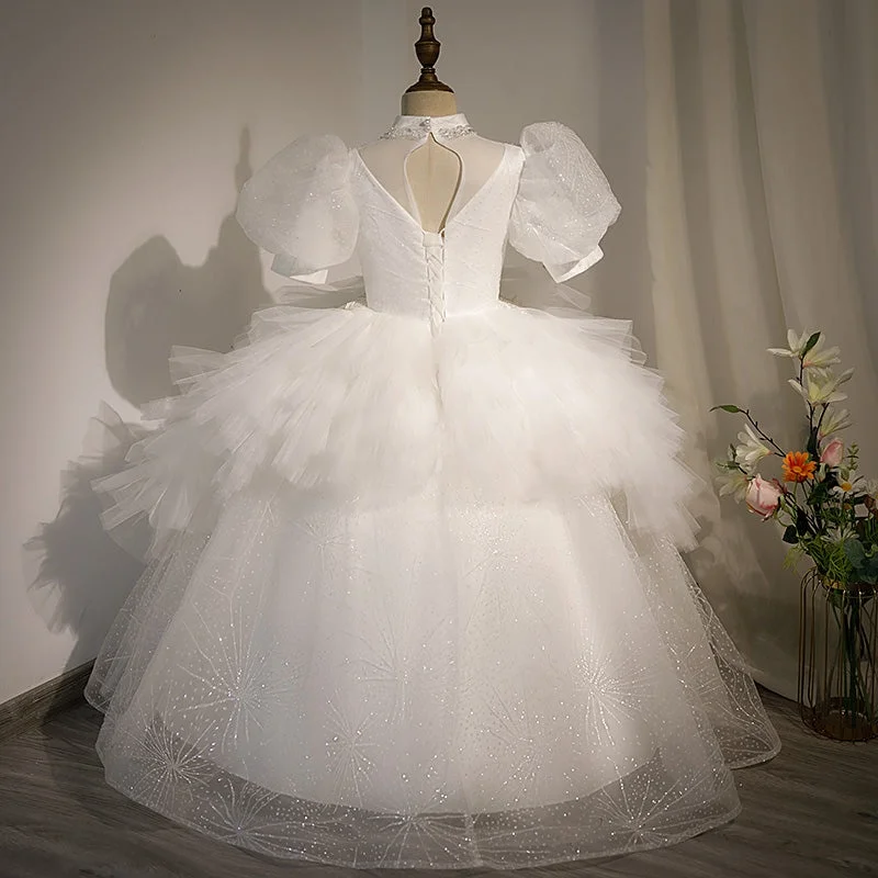 Kids Girls White Princess Dress Flower Girl Wedding Gown Birthday Party Host Piano Performance Pageant Formal Wear Children