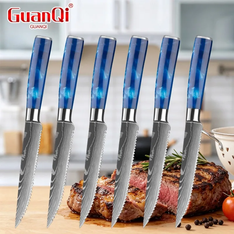 Super Sharp Stainless Steel Laser Damascus Pattern Steak Knife Set Beef Cleaver Multipurpose Restaurant Cutlery Table Knife