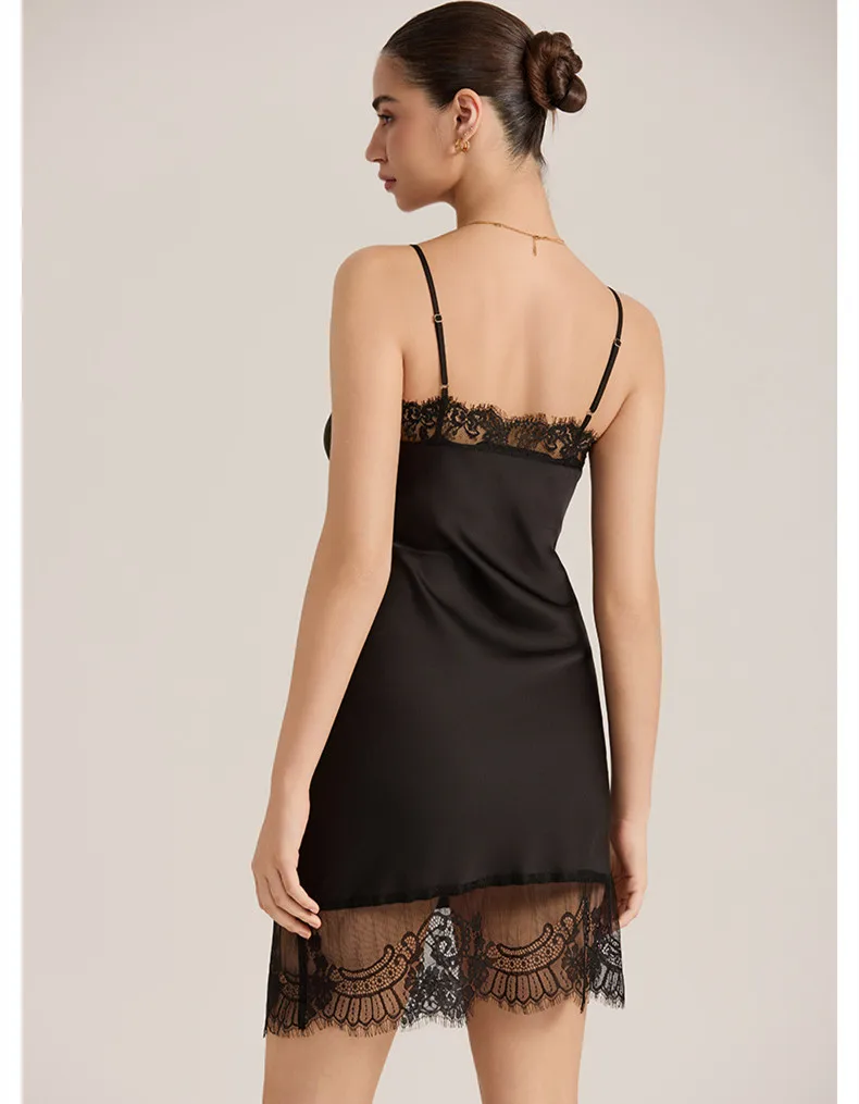 

Female Nightgown Sleepwear Sexy Lace Trim Suspender Intimate Lingerie Nightdress Ice Silk Satin Home Dress Loungewear