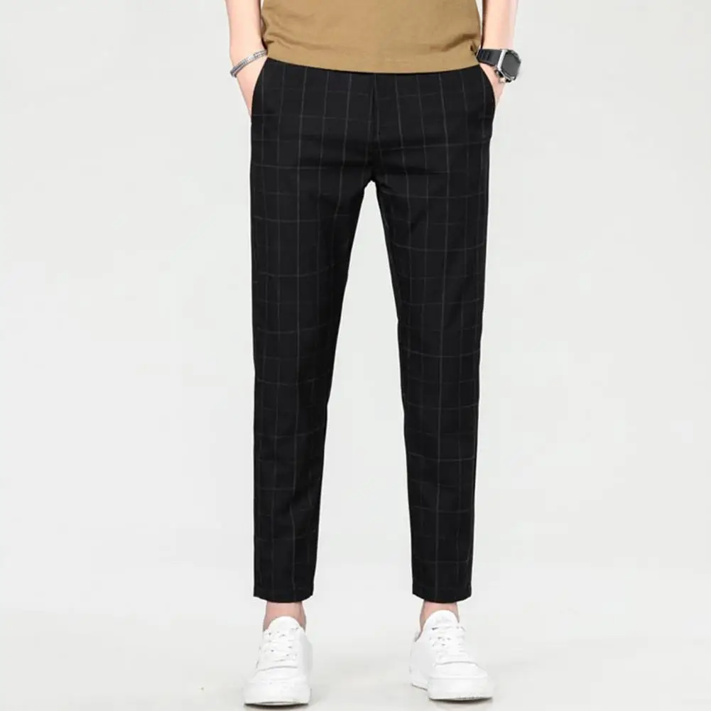 Men Men Ninth Pants Straight Plaid Print Side Pockets Thin Stretchy Button Zipper Closure Casual Formal Business Trousers - Aliexpress Deal