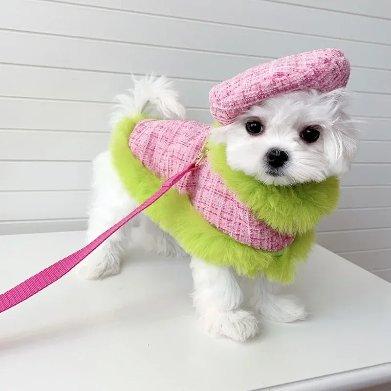 INS Pink Dog Cloak Pet Plush Coat Pet Supplies Cloak Dogs Chest Strap Cat Traction Rope Couple Cute Beret Dogs Vest Dog Costume