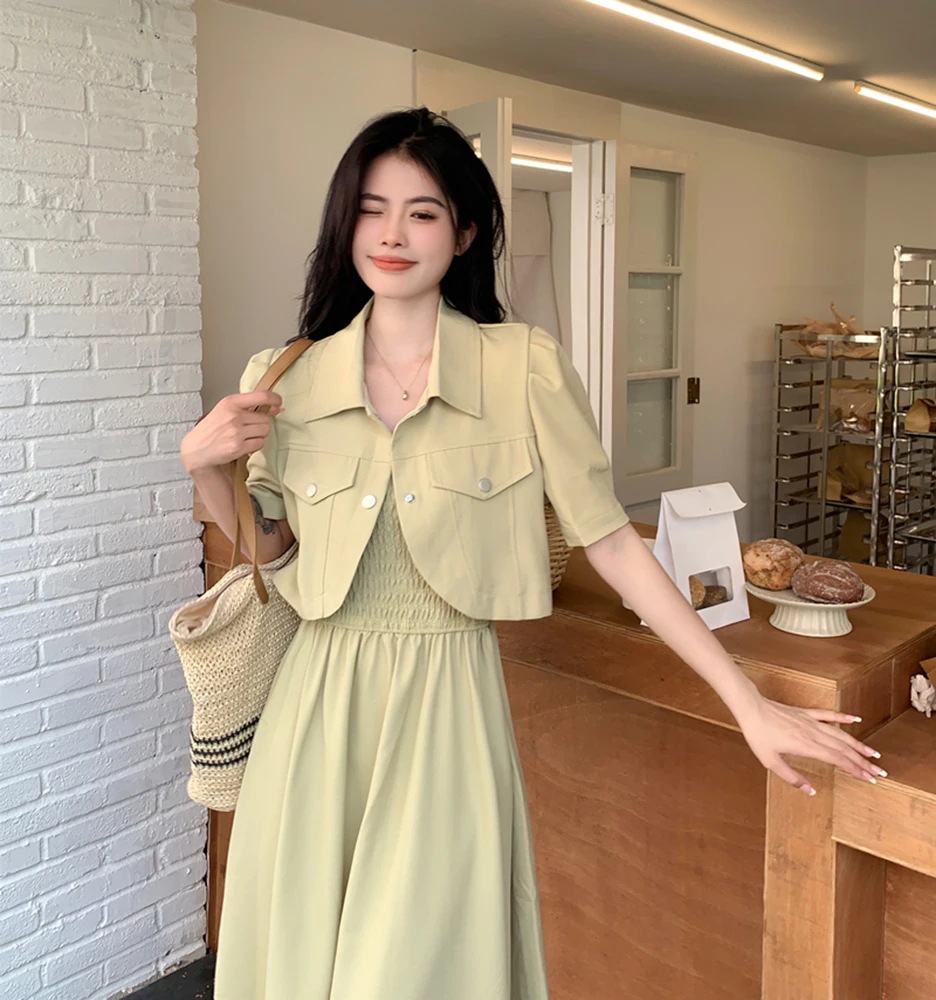 

Camisole Dress Lapel Short Jacket Fashionable Versatile Women's Clothing Summer New Style Dress High-end Loose Two-piece Set