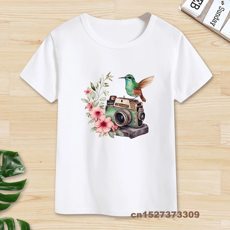 Girl Cute Colorful Rainbow Elephant Print T Shirt Kid Casual Clothes Summer Floral Camera With Hummingbird Tee Top For Child